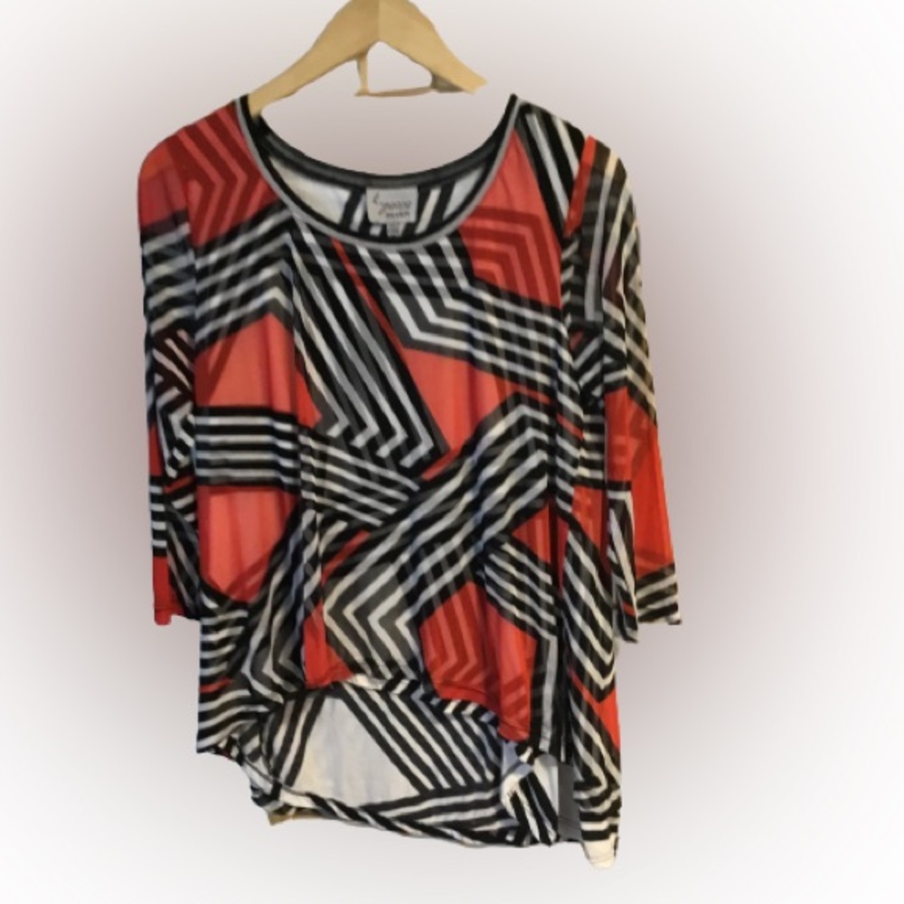 Lynn Ritchie Silver red, black and white top with sheer overlay.